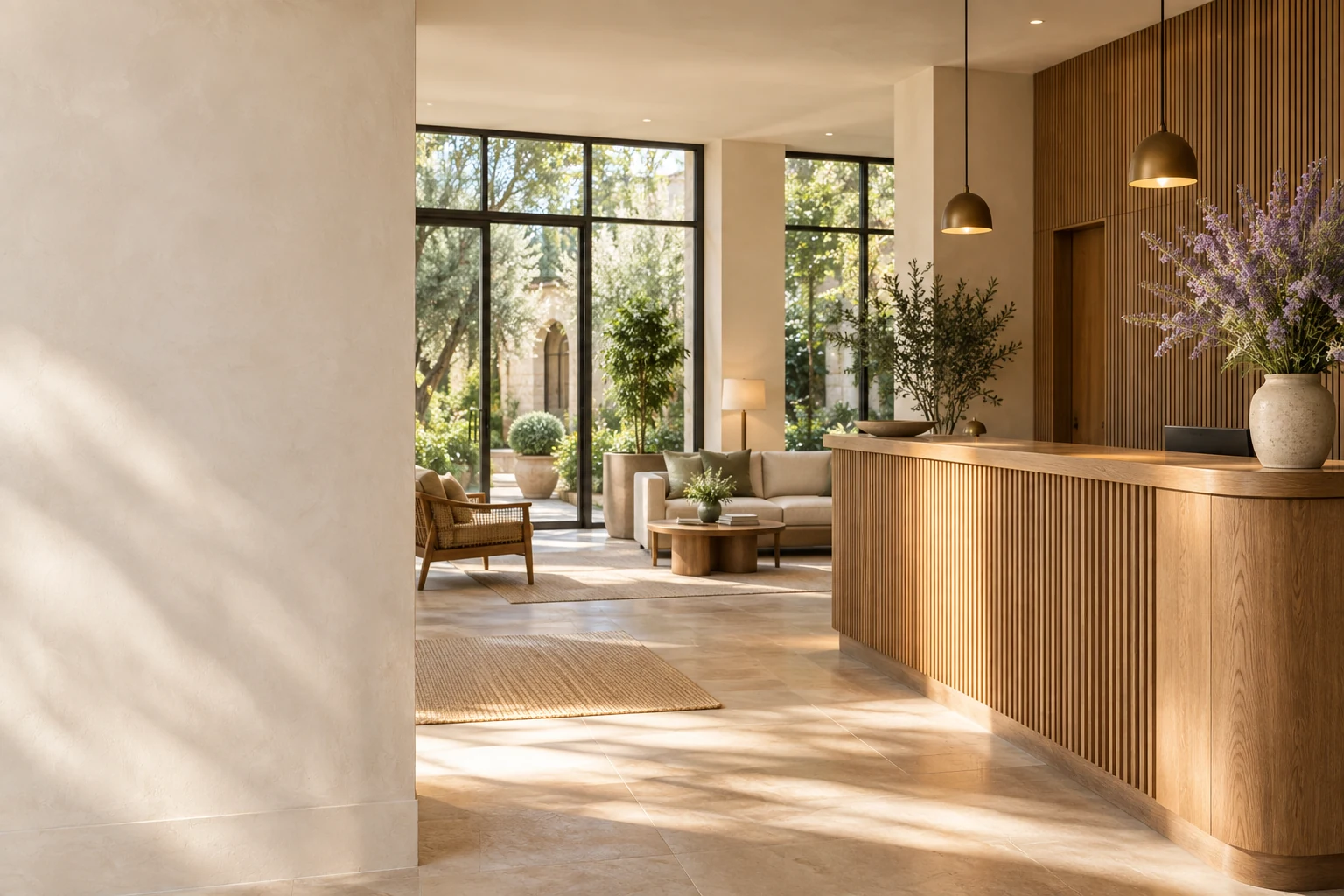A welcoming hotel lobby with a wood reception desk, soft seating, and courtyard views