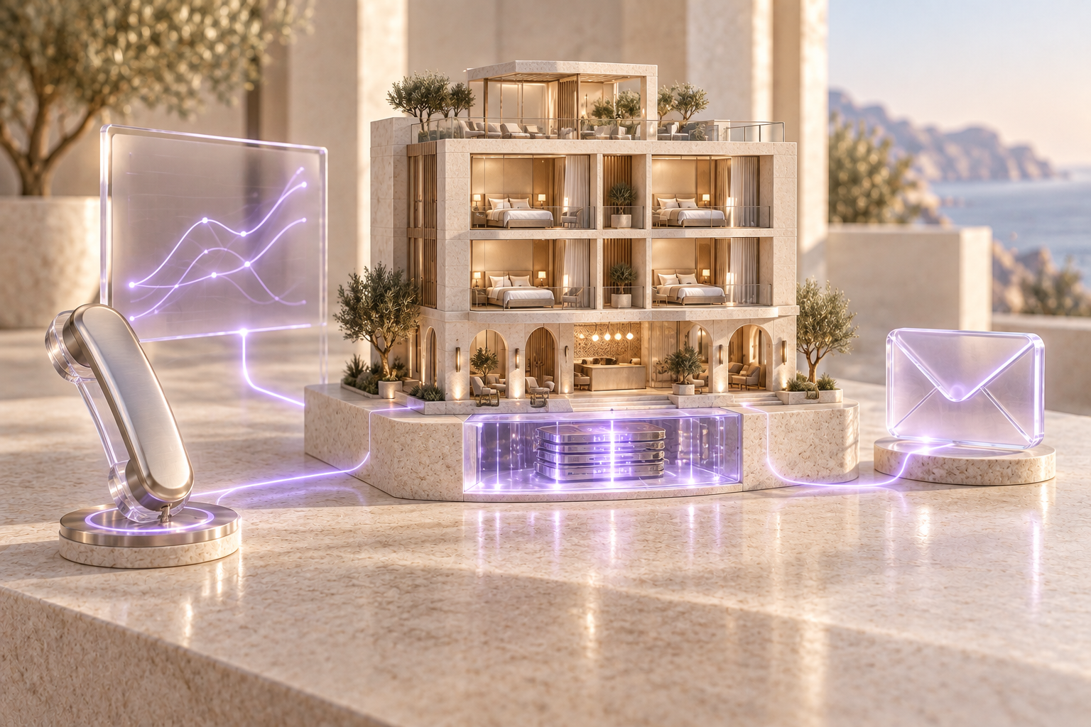 Conceptual illustration of a hotel connected to AI voice assistance, pricing analysis and guest messaging