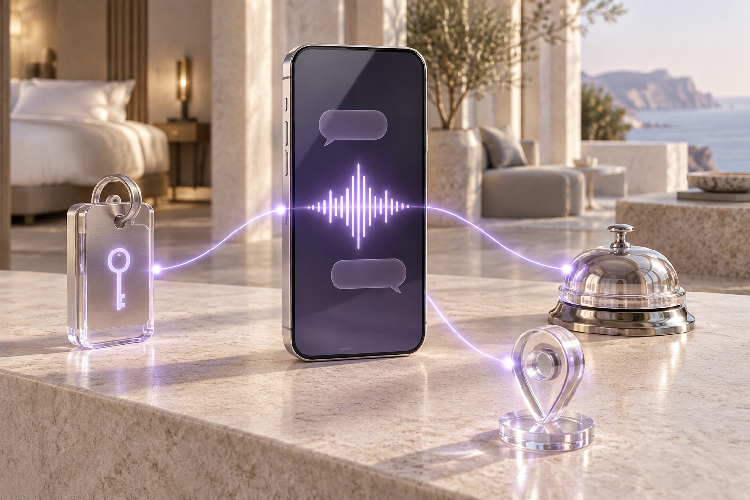 Conceptual illustration of a digital guest assistant connecting hotel requests
