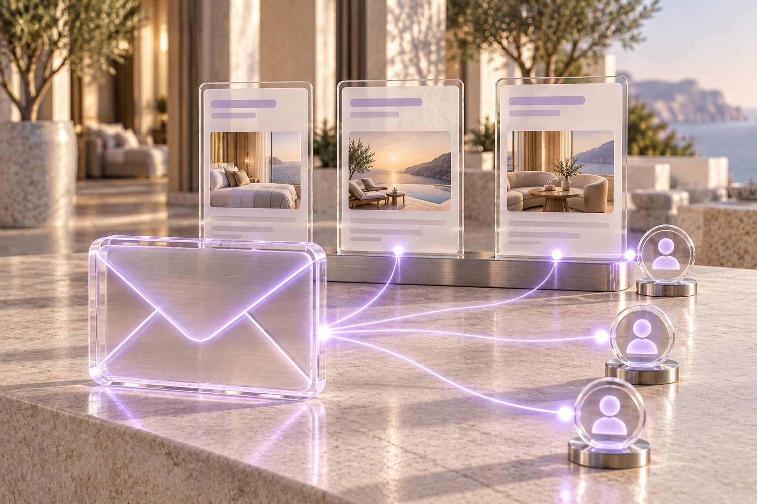 Conceptual illustration of personalized email messages organized for different guest audiences