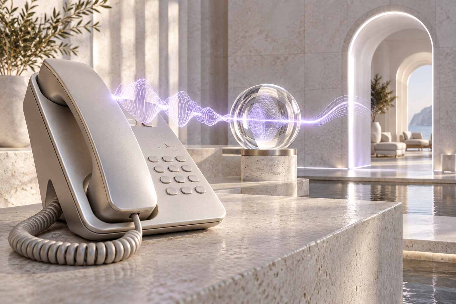 Conceptual illustration of a hotel telephone connected to AI voice processing