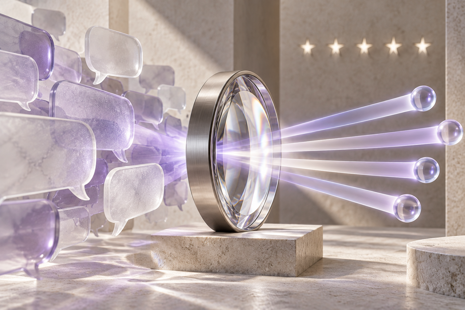 Conceptual illustration of guest feedback analyzed through an optical lens