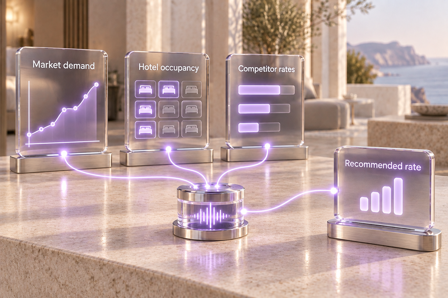 Conceptual illustration of market demand, hotel occupancy and competitor rates feeding an algorithm to recommend a room rate
