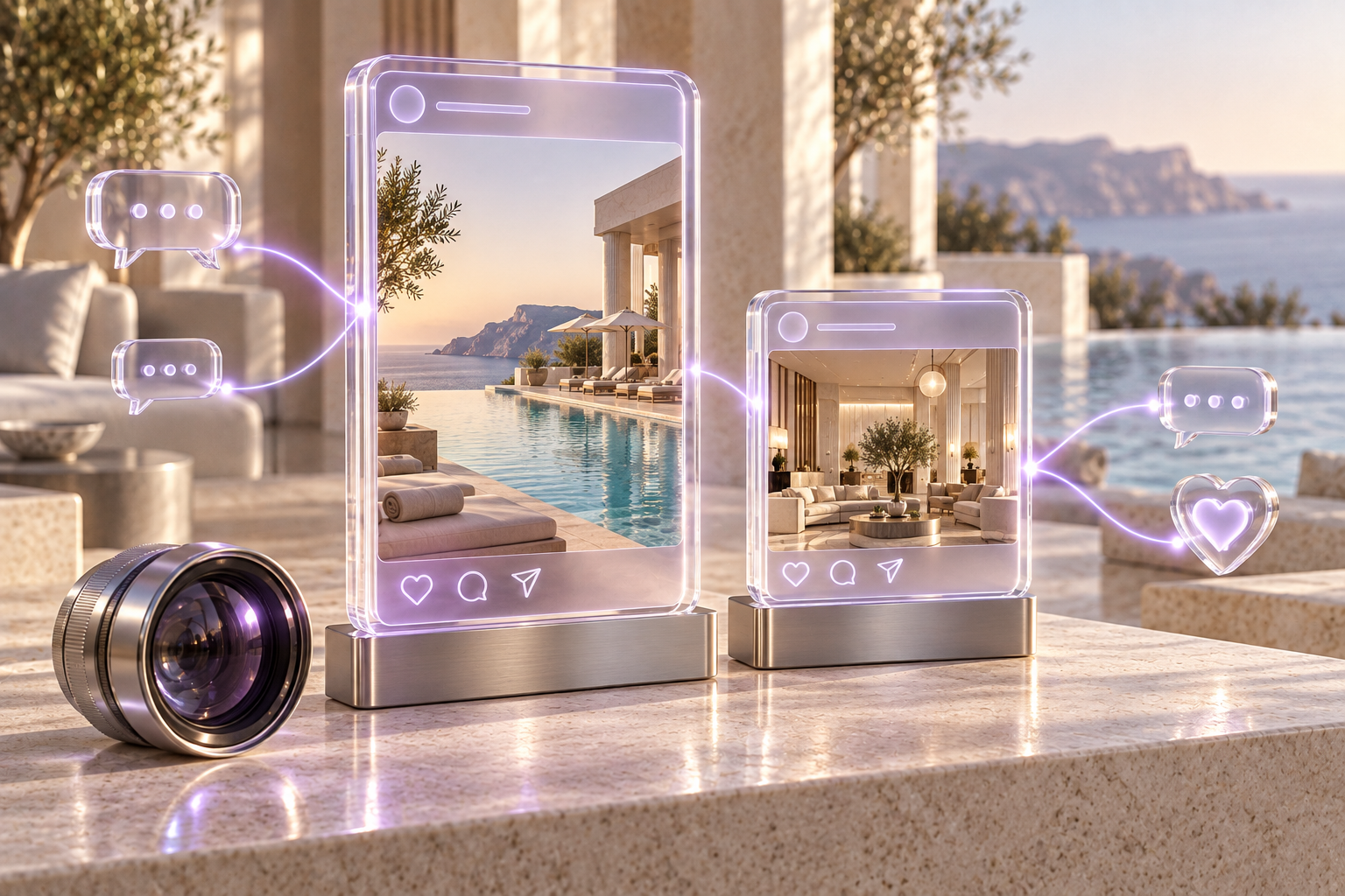 Conceptual illustration of hotel social content connected to audience conversations and reactions